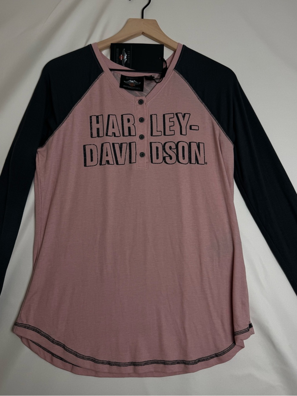 NWT Harley-Davidson Pink & Gray Raglan Henley Graphic Top Eagle Back Size L